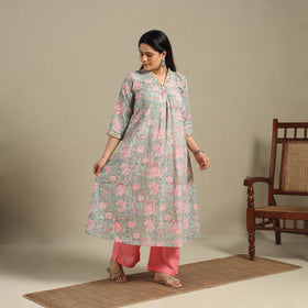 Green - cotton a-line sanganeri kurta 02 - handcrafted