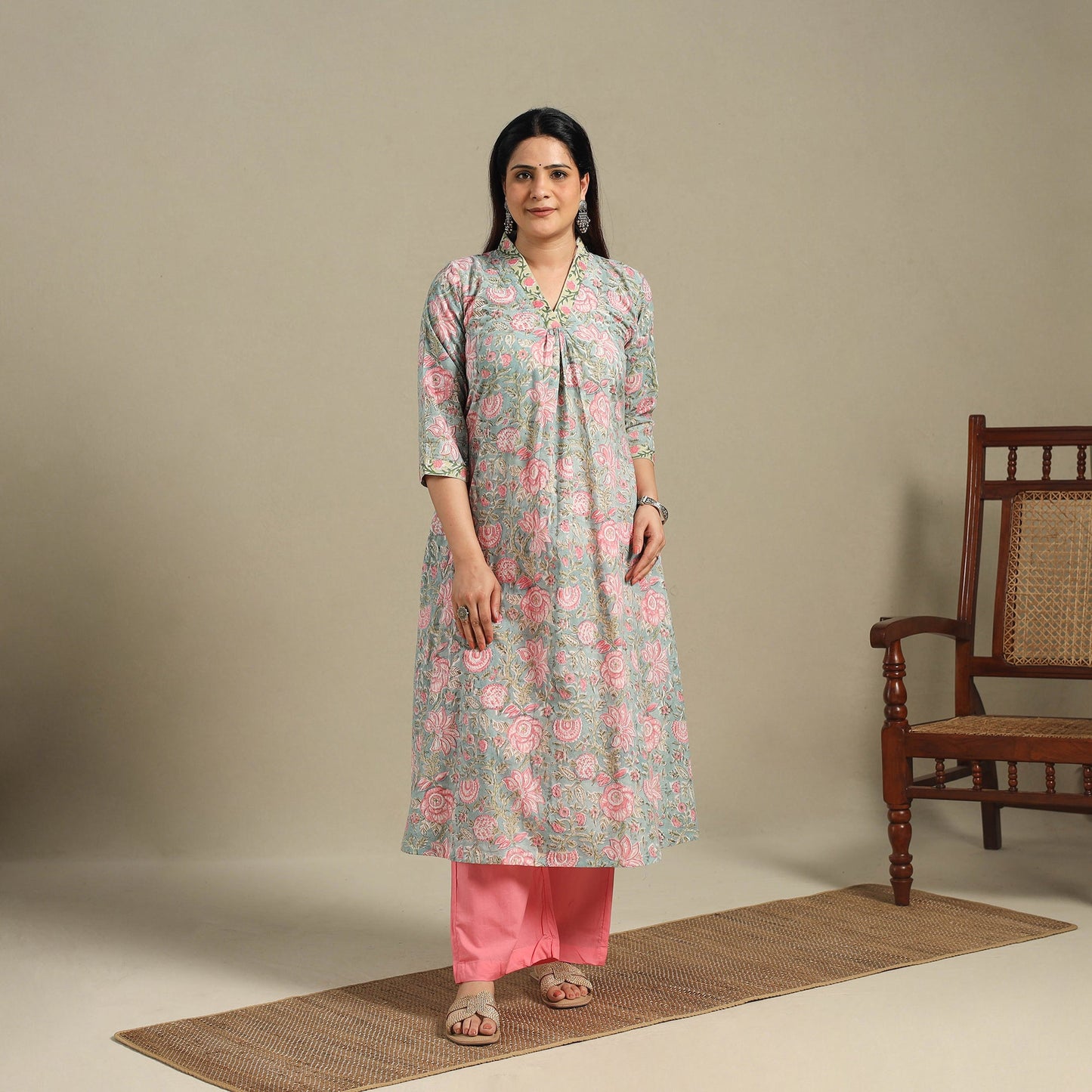 Green - cotton a-line sanganeri kurta 02 - handcrafted