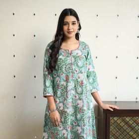 Green Block Print Cotton A-Line Sanganeri Kurta for Women