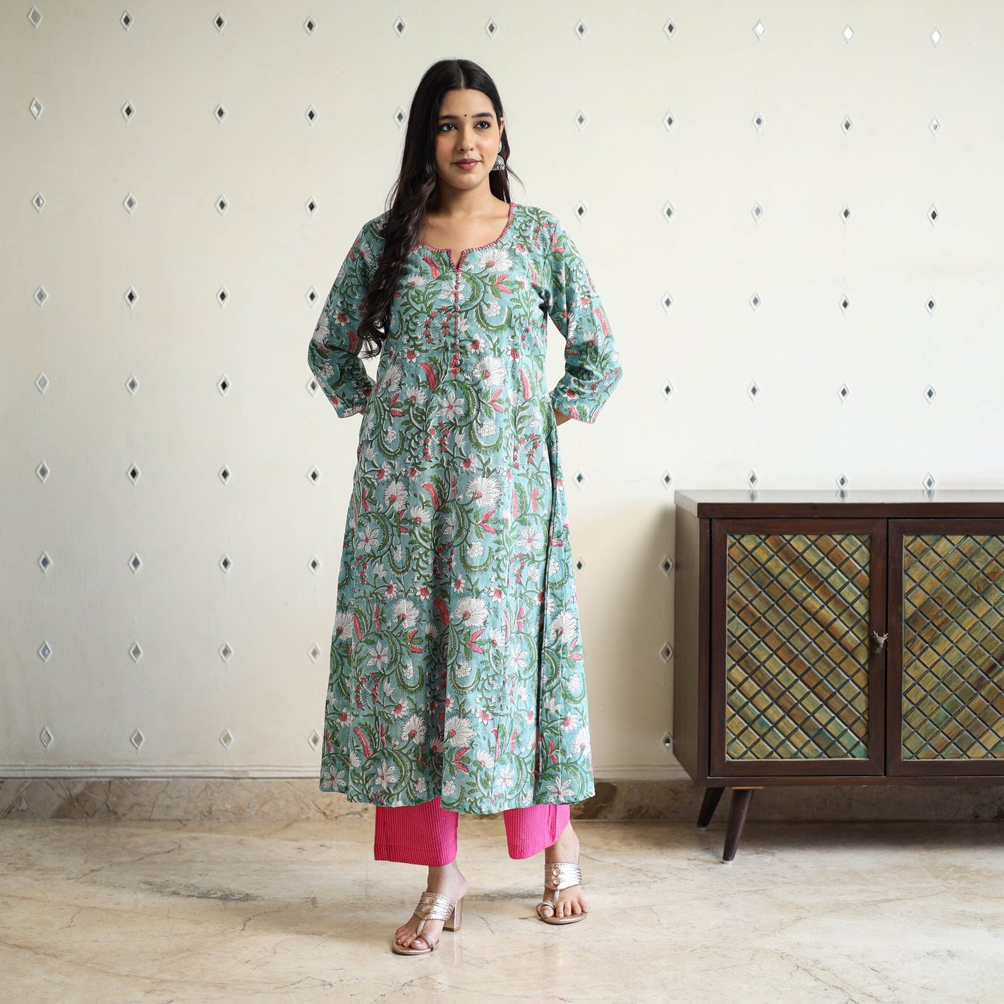 Green Block Print Cotton A-Line Sanganeri Kurta for Women