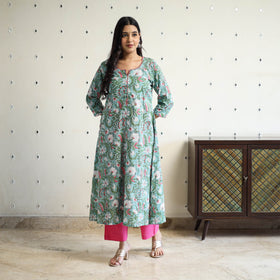 Green Block Print Cotton A-Line Sanganeri Kurta for Women