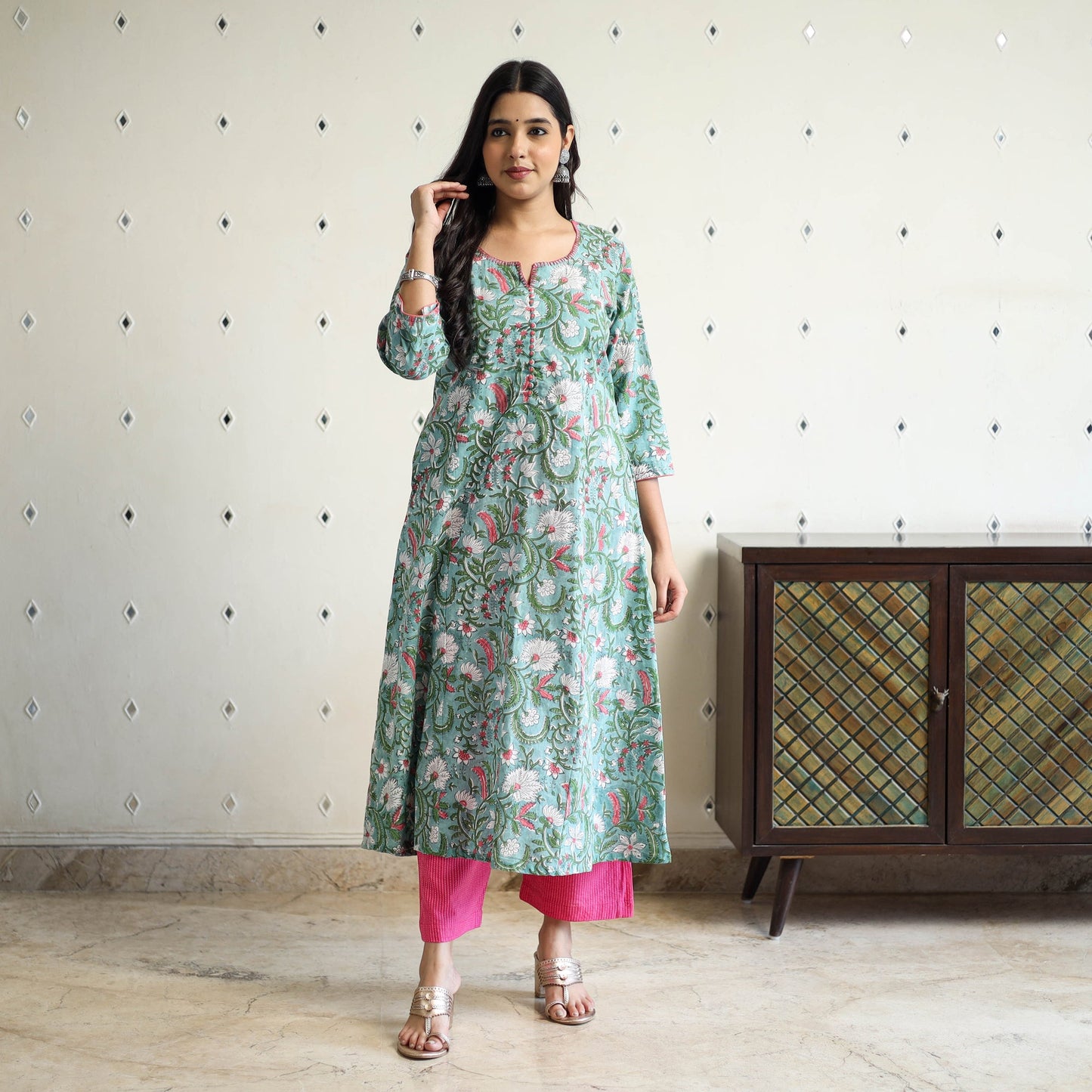 Green Block Print Cotton A-Line Sanganeri Kurta for Women