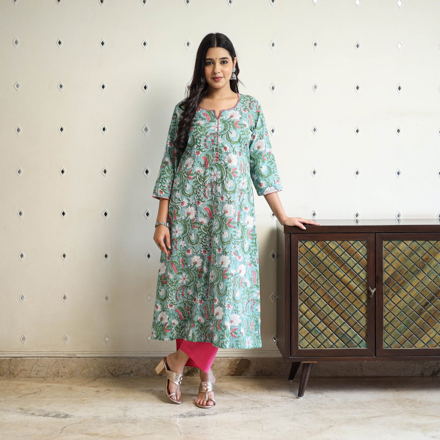 Green Block Print Cotton A-Line Sanganeri Kurta for Women