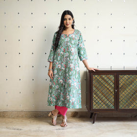 Green Block Print Cotton A-Line Sanganeri Kurta for Women