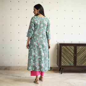 Green Block Print Cotton A-Line Sanganeri Kurta for Women