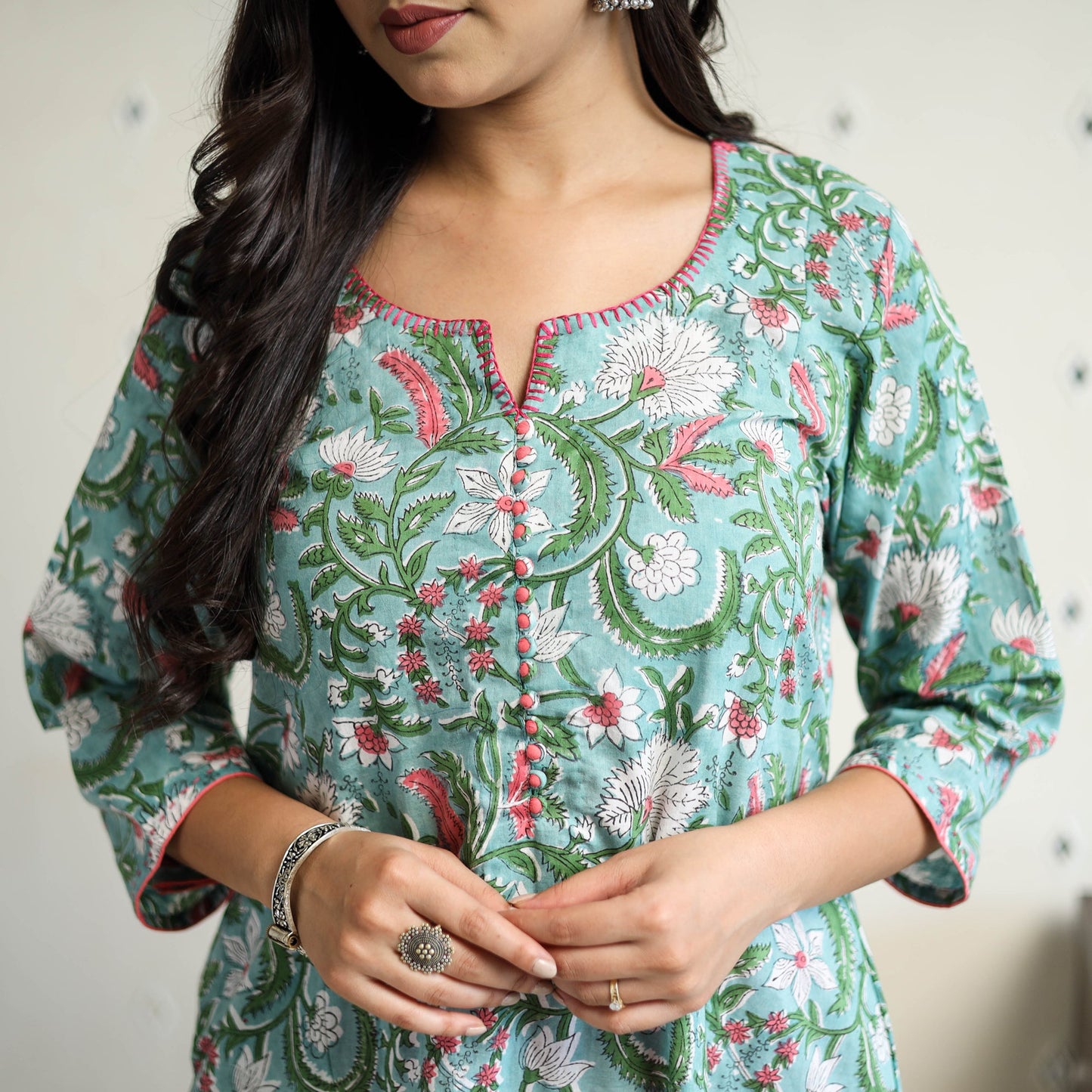 Green Block Print Cotton A-Line Sanganeri Kurta for Women