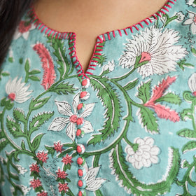 Green Block Print Cotton A-Line Sanganeri Kurta for Women