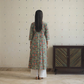 Green Block Print Cotton A-Line Sanganeri Kurta 