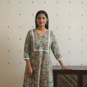 Green Block Print Cotton A-Line Sanganeri Kurta 