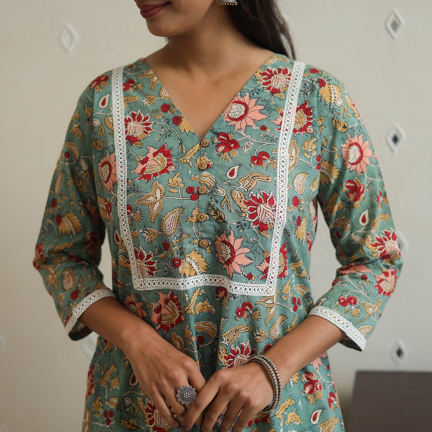Green Block Print Cotton A-Line Sanganeri Kurta 