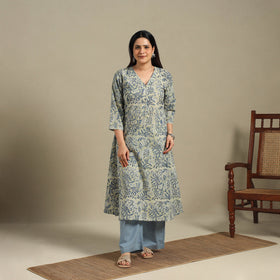 Green - cotton a-line sanganeri kurta 09 - handcrafted