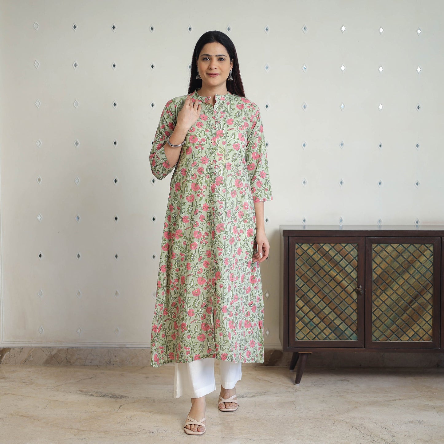 Green - cotton a-line sanganeri kurta 09 - handcrafted