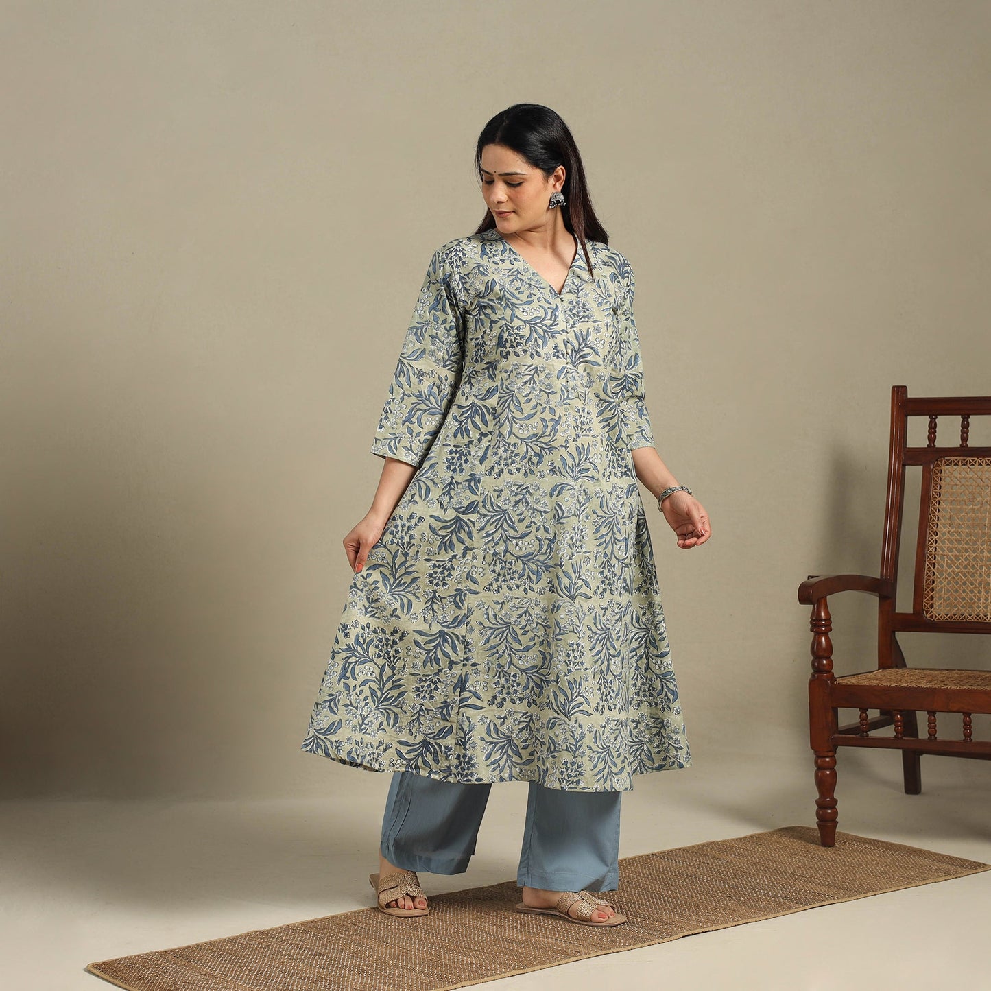 Green - cotton a-line sanganeri kurta 09 - handcrafted