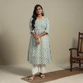 Green Block Print Cotton A-Line Sanganeri Kurta