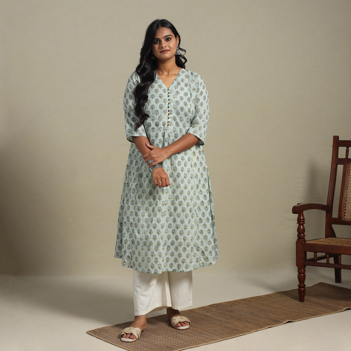 Green Block Print Cotton A-Line Sanganeri Kurta