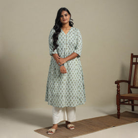 Green Block Print Cotton A-Line Sanganeri Kurta