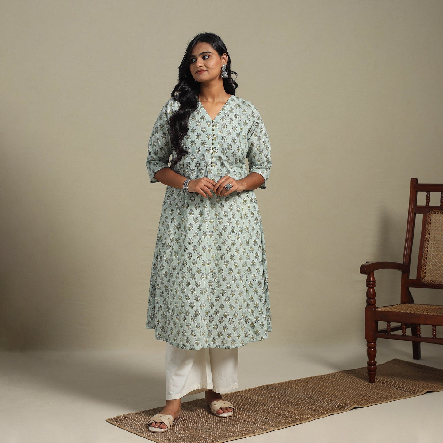 Green Block Print Cotton A-Line Sanganeri Kurta