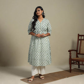 Green Block Print Cotton A-Line Sanganeri Kurta