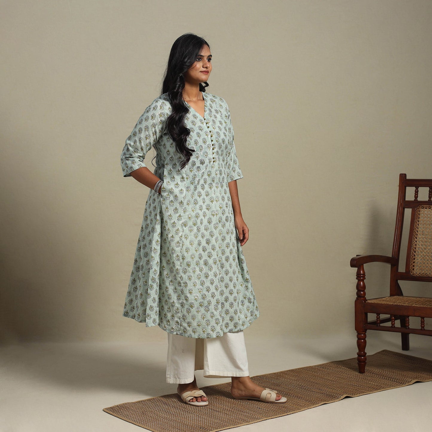 Green Block Print Cotton A-Line Sanganeri Kurta