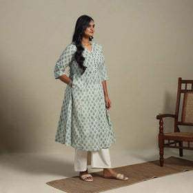 Green Block Print Cotton A-Line Sanganeri Kurta