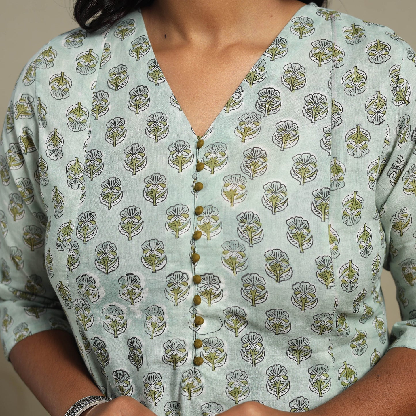 Green Block Print Cotton A-Line Sanganeri Kurta