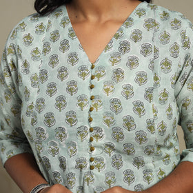 Green Block Print Cotton A-Line Sanganeri Kurta