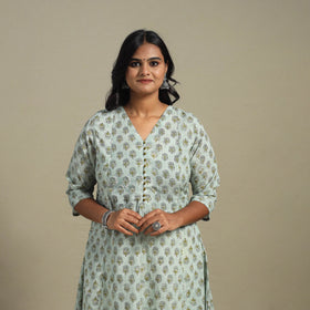 Green Block Print Cotton A-Line Sanganeri Kurta