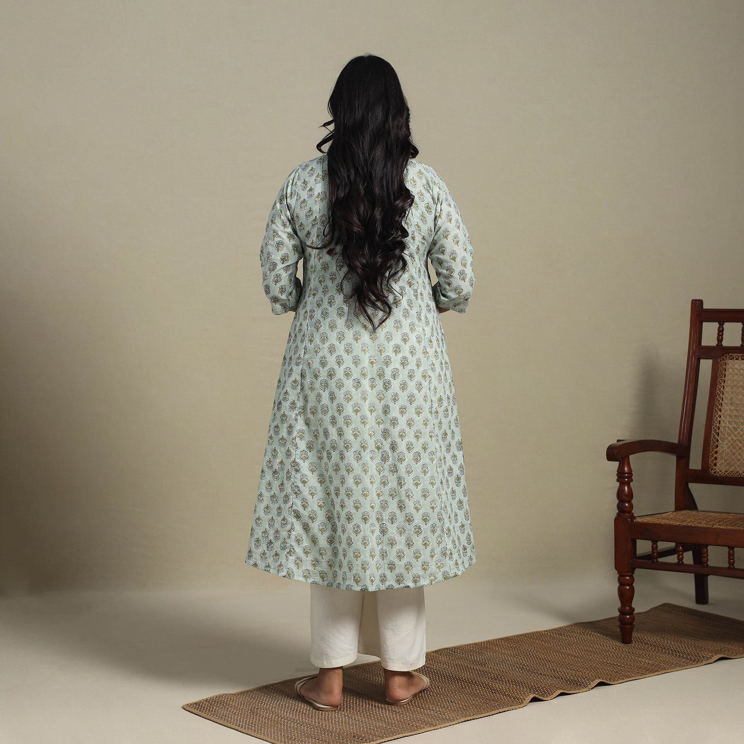 Green Block Print Cotton A-Line Sanganeri Kurta