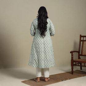 Green Block Print Cotton A-Line Sanganeri Kurta