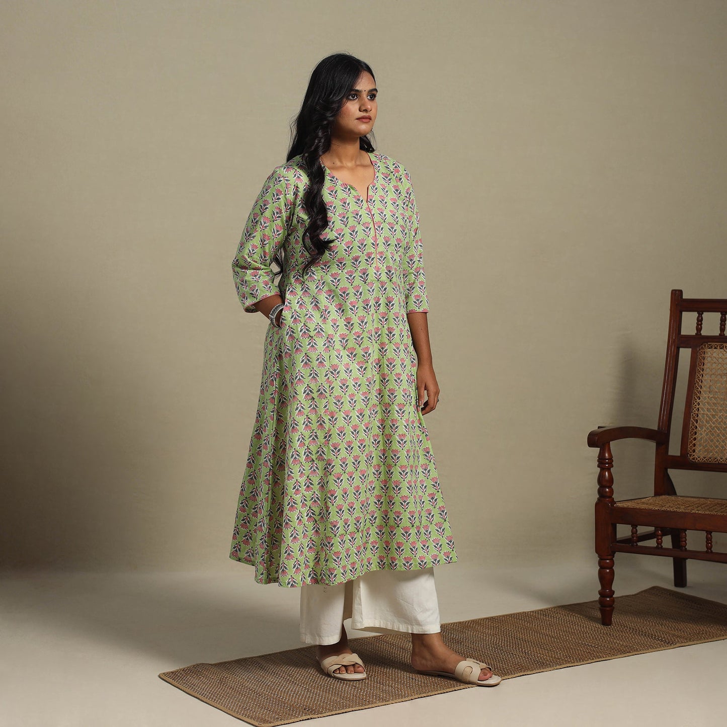 Green Block Print Cotton A-Line Sanganeri Kurta