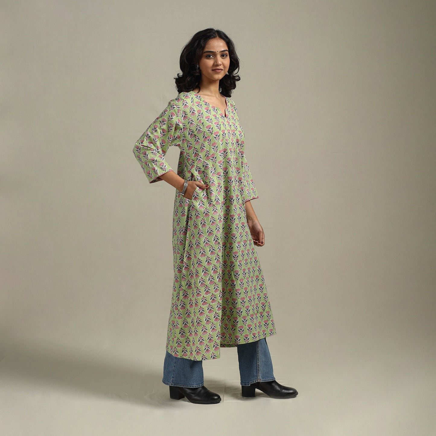 Green - cotton a-line sanganeri kurta 21 - handcrafted