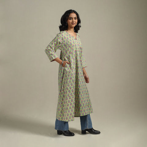 Green - cotton a-line sanganeri kurta 21 - handcrafted