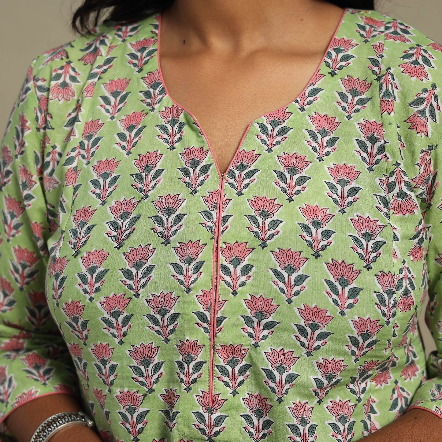 Green Block Print Cotton A-Line Sanganeri Kurta