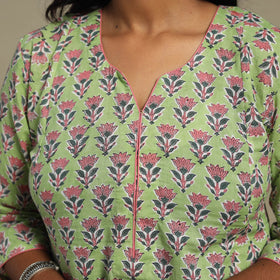 Green Block Print Cotton A-Line Sanganeri Kurta