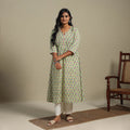 Green Block Print Cotton A-Line Sanganeri Kurta