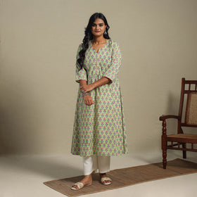 Green Block Print Cotton A-Line Sanganeri Kurta