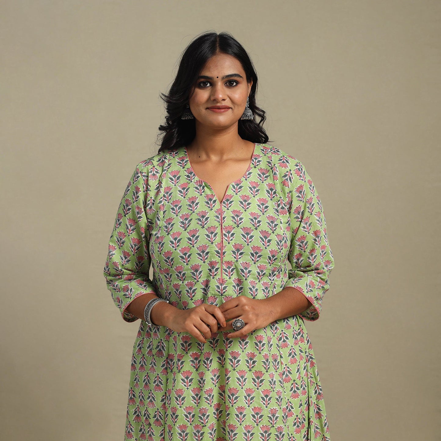 Green Block Print Cotton A-Line Sanganeri Kurta