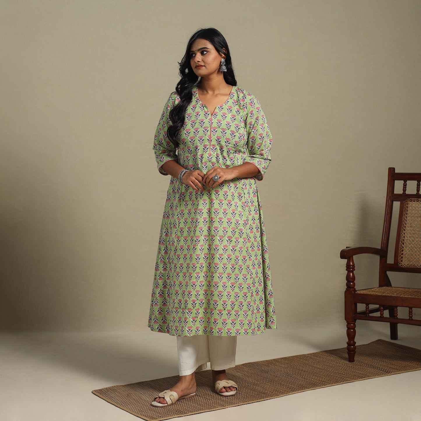 Green Block Print Cotton A-Line Sanganeri Kurta