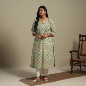 Green Block Print Cotton A-Line Sanganeri Kurta