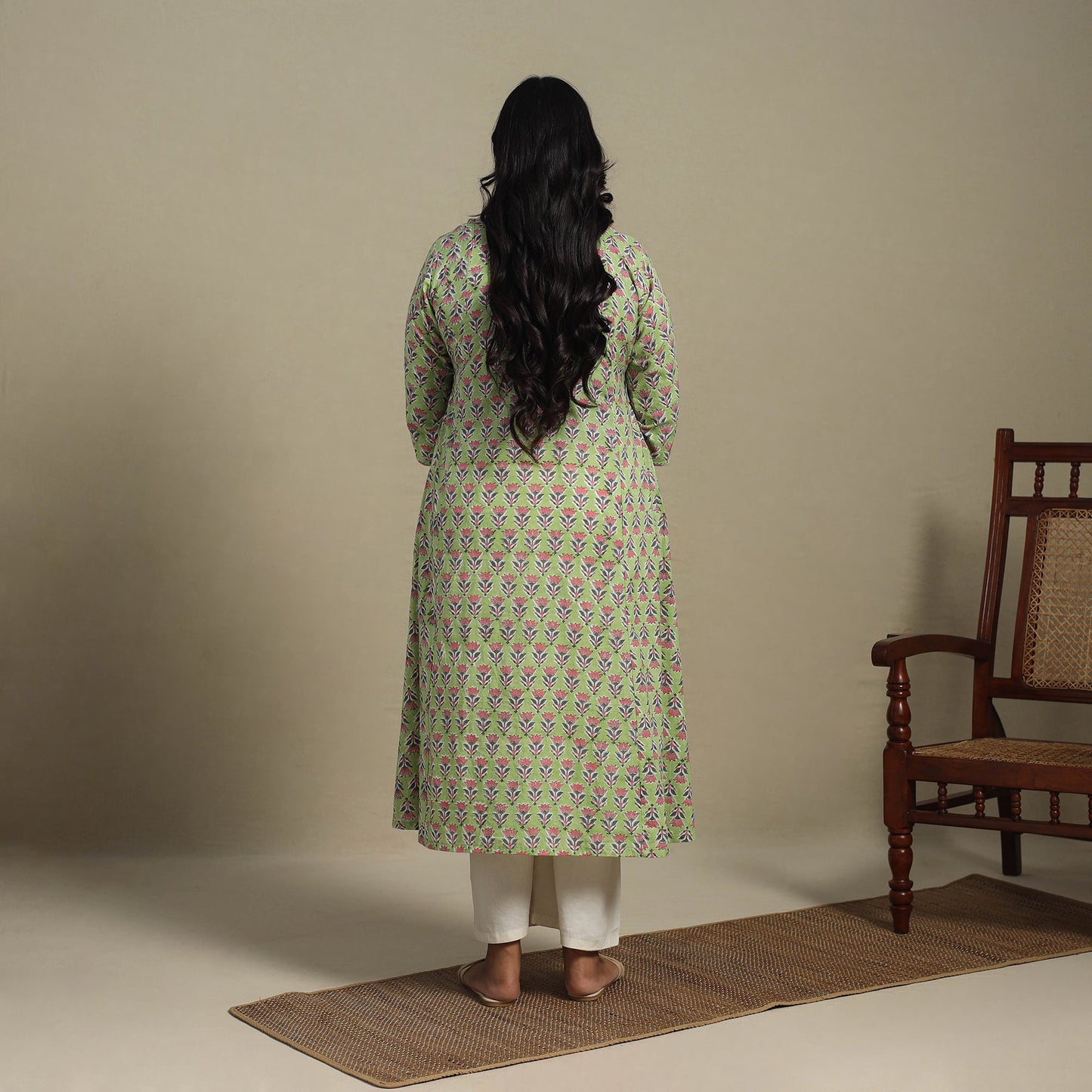 Green Block Print Cotton A-Line Sanganeri Kurta