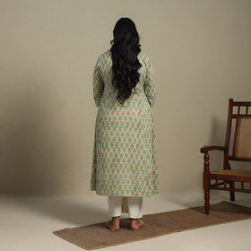 Green Block Print Cotton A-Line Sanganeri Kurta