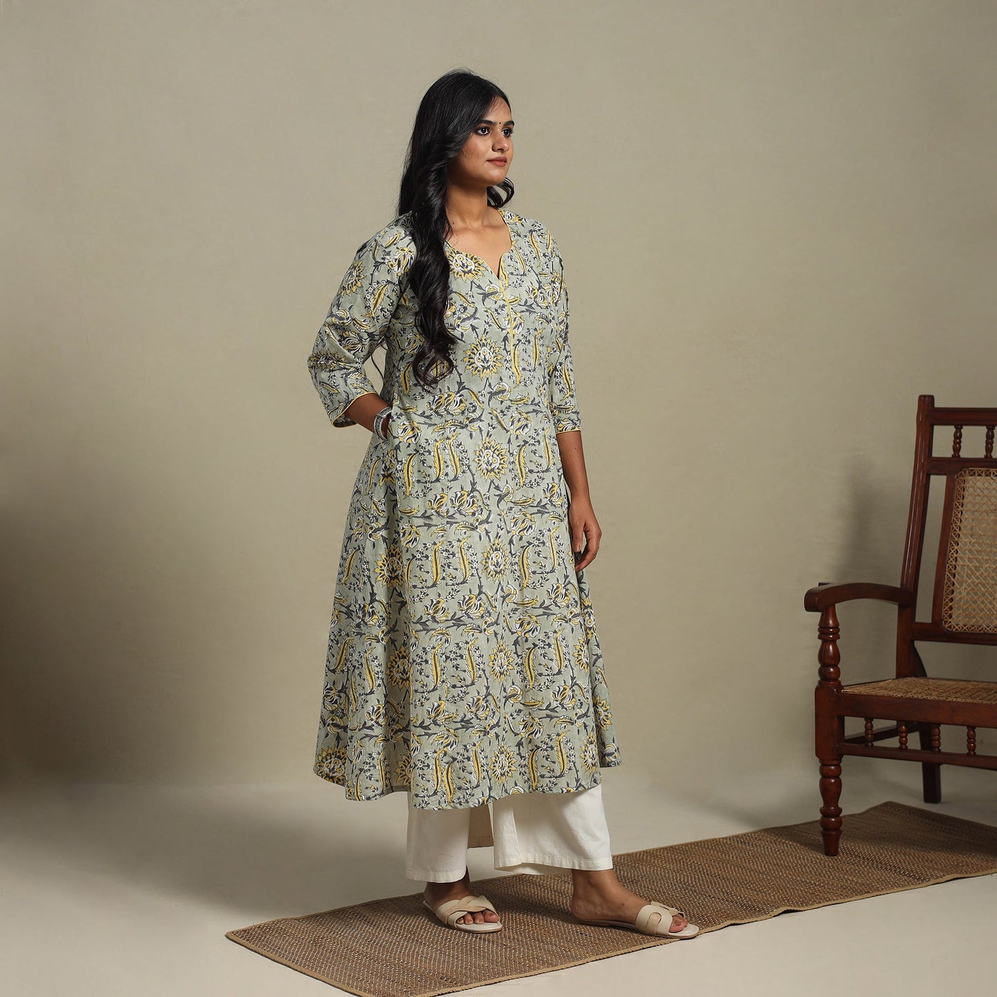 Green - cotton a-line sanganeri kurta 22 - handcrafted