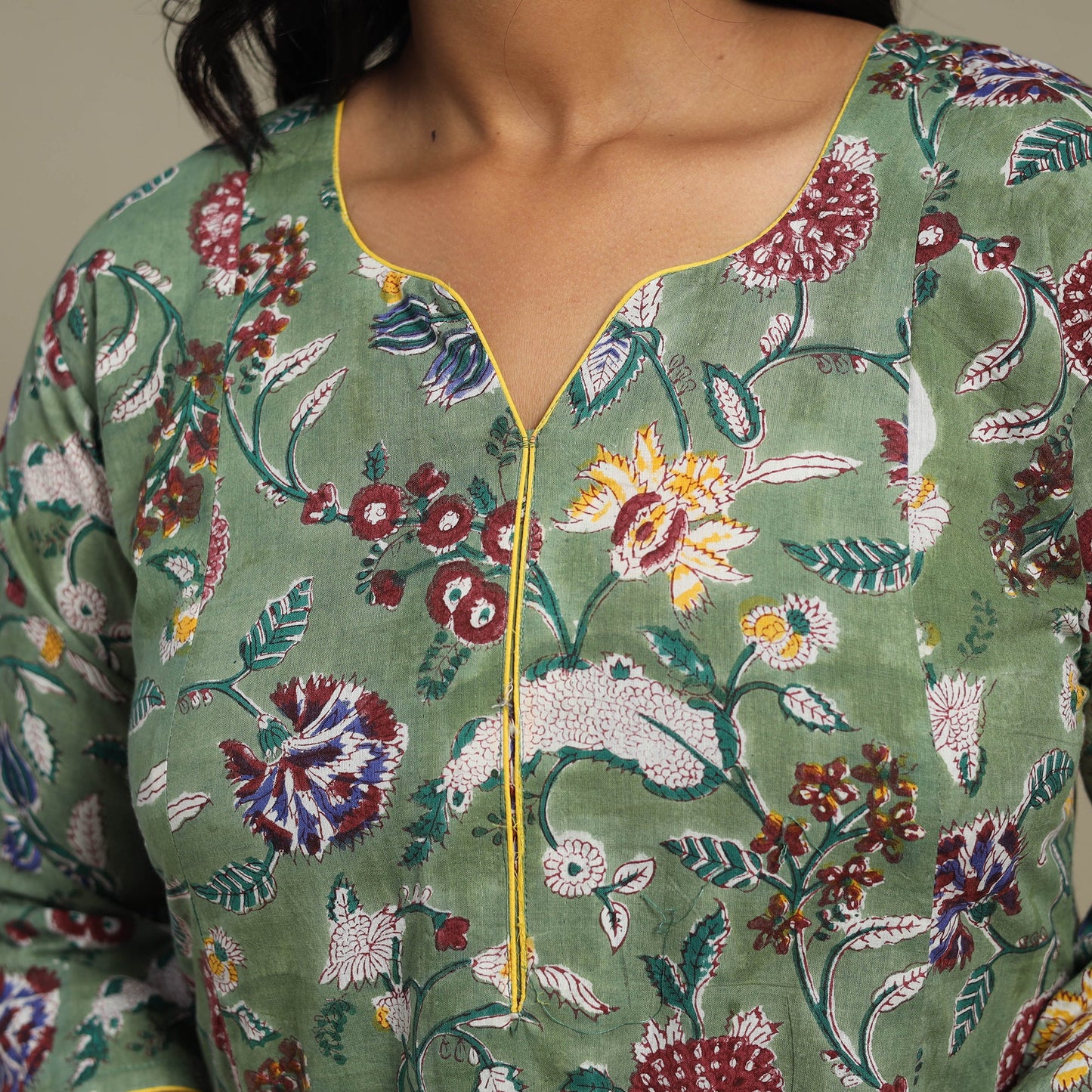 Green Block Print Cotton A-Line Sanganeri Kurta