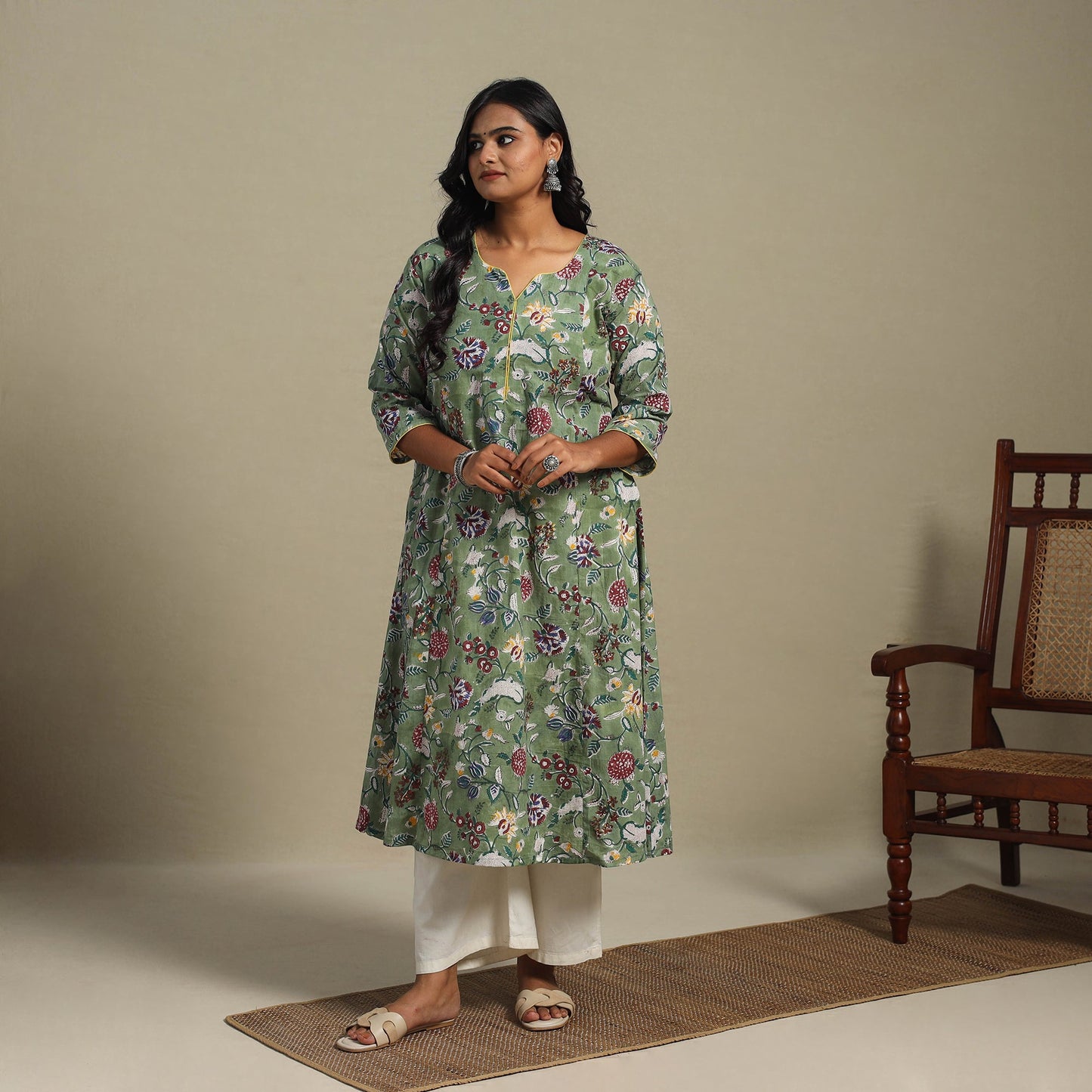 Green Block Print Cotton A-Line Sanganeri Kurta