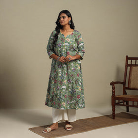 Green Block Print Cotton A-Line Sanganeri Kurta