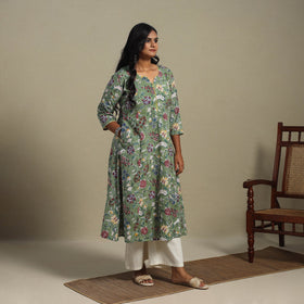 Green Block Print Cotton A-Line Sanganeri Kurta
