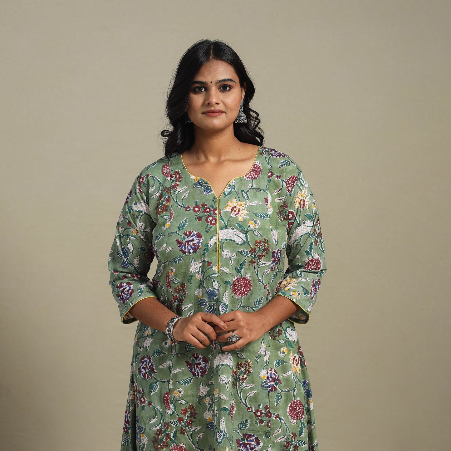 Green Block Print Cotton A-Line Sanganeri Kurta