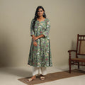 Green Block Print Cotton A-Line Sanganeri Kurta