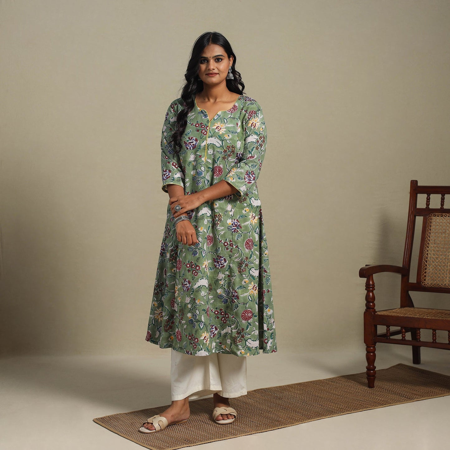 Green Block Print Cotton A-Line Sanganeri Kurta