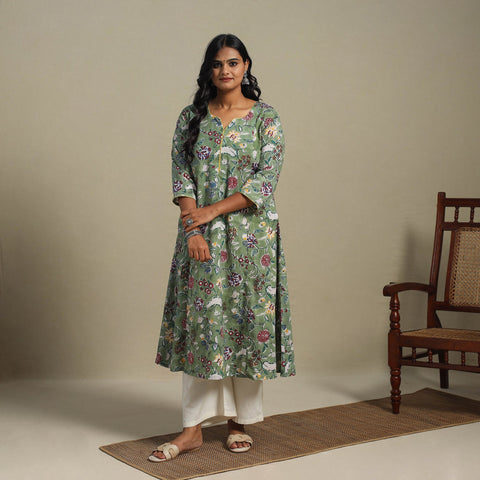 Green Block Print Cotton A-Line Sanganeri Kurta